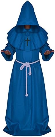 Quadruple Time Medieval Monk Robe Sorcerer Clothes Christian Church Pastor Priest Halloween COS Clothing Set (L, Blue)