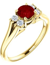 18K Yellow Gold 5.00mm Round Cut Ruby and Diamond Ring -- LIFETIME WARRANTY