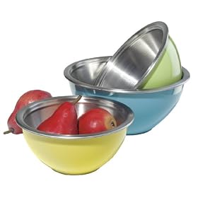 Oggi 3 Piece Stainless Steel Mixing Bowl Set with Plastic Exterior with Airtight Lids, Assorted Colors