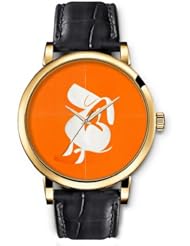 SPRAWL Aanalog Fashion Series Gold Ladies Watches of Genuine Black Leather Strap,Unique Wrist Watch for Women Girls Designed with Figure of a puppy orange background