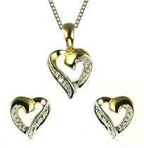 9ct Gold Ladies Diamond Heart Pendant and Earring Set 18" Curb