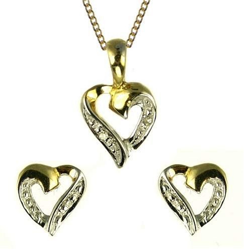 9ct Gold Ladies Diamond Heart Pendant and Earring Set 18 Curb