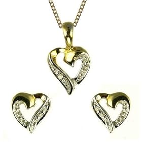 9ct Gold Ladies Diamond Heart Pendant and Earring Set