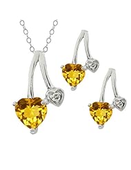 1.66 Ct Heart Shape Yellow Citrine Sterling Silver Pendant Earrings Set