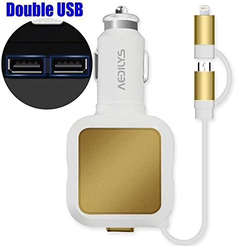 HFORVER 2 in 1 retractable Car charger , 4.8A 2-Port USB Car Charger +2-in-1 Retractable Cable with 8 Pin &amp; Micro USB Connectors for iPhone 6s 6s Plus ,Apple and Android Devices (High Output) (WHITE)