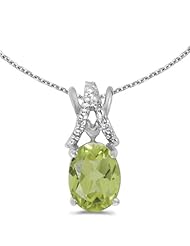 10k White Gold Oval Peridot And Diamond Pendant with 16" Chain