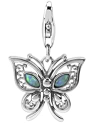 Rhodium Plated Sterling Silver Butterfly and Lab Opal Charm with Lobster Clasp, Width 3/4 Inch, Length 1 1/4 Inch , It Is a Nice Pendant