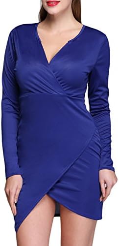 Leisure Beauty-Lady Long Sleeve Sexy V-neck Stretch Bodycon Asymmetric Hem Dress (L,Blue)