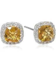 Sterling Silver Checkboard Cushion Cut Created White Sapphire Halo Stud Earrings