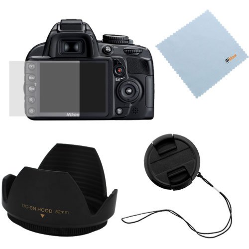 Best Price GTMax Clear LCD Screen Protector + 52mm Flower Tulip Crown Lens Hood + Lens Cap w/Strap for Nikon D3100 Digital Camera (Free Gift Microfiber Cleaning Cloth Included)