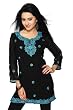 Black georgette kurti with turquoise colored embroidery work.