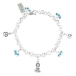 Young Sitting Buddha, Om (Aum) Design, Lotus Flower and KARMA Word Tag Charm Bracelet with Turquoise Beads in Sterling Silver on a 7 3/4" Rolo Chain, #8214