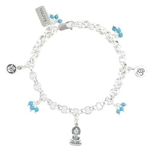 Young Sitting Buddha, Om (Aum) Design, Lotus Flower and KARMA Word Tag Charm Bracelet with Turquoise Beads in Sterling Silver on a 7 3/4" Rolo Chain, #8214