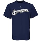 MLB Boys' Milwaukee Brewers Official Wordmark Short Sleeve Basic Tee by Majestic (Athletic Navy, Medium)