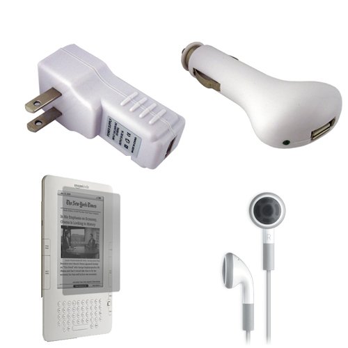Amazon Kindle 2 (2nd Generation) USB Car Charger, USB Wall / Travel Charger, Earphones, and Screen Protector / Guard