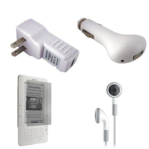 Amazon Kindle 2 (2nd Generation) USB Car Charger, USB Wall / Travel Charger, Earphones, and Screen Protector / Guard