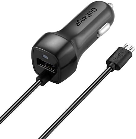 OoRange Micro USB Universal Car Charger extra 2.1A High Speed USB port for Android Blu Vivo XL, Galaxy S7, HTC, Motorola - Coiled Cable (Black)