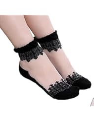 Apparel: Tenworld Women Girl Ultrathin Transparent Crystal Lace Elastic Short Socks (Black)