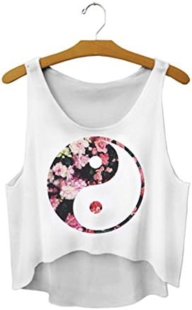 Women Fashion Chinese Symbol with Flower Print White Sleeveless Crop Top