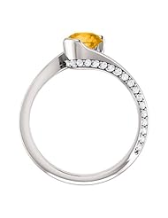 14K White Gold 6.00mm Round Cut Citrine and Diamond Ring -- LIFETIME WARRANTY