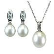Dewdrop White Cultured Pearl 14k White Gold Diamond Pendant Necklace & Earrings Set - Dahlia Classic Collection