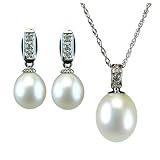Dewdrop Cultured White Pearl w. 14k White Gold and Diamond Pendant Necklace & Earrings Set - by Dahlia Classic Jewelry Collection