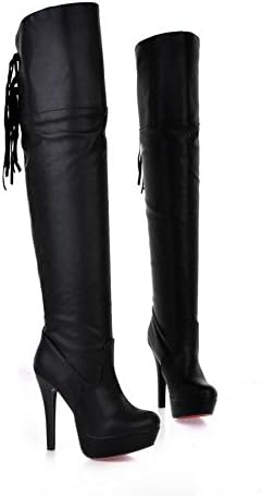 QueenFashion Womens Round Toe High Heels PU Solid Boot with Platform, Black, 38