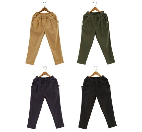 スーパーストレッチ サルエルパンツ クロップドパンツ 七分丈 サイドジップ フリーサイズ　(ベージュ/ブラック/カーキ/ネイビー)