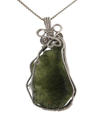 Sterling Silver Wire Wrapped Moldavite Pendant.