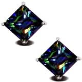 Rainbow Peacock Topaz Square Princess Cut CZ Basket Set Silver Men Unisex Stud Earrings