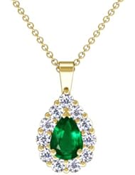 18K Yellow Gold Pear Cut Emerald And Round Diamond Pendant