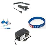 Nokia N85 Accessory Bundle- Metal Bullet Blue Stereo Headset Earphones + Auto Car Vehicle Charger + Home Wall Travel Charger + Free Stars Stripes Wristband