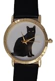 Black Cat watch classic size of 1.1/4 inch diameter Has gold tone case with black leather band. Battery operated.