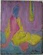 Figure in Pink & Yellow, Original Early California Figurative Oil Painting on Canvas By Victor Di Gesu (Painted Over a 1939 Judith Deim Painting) - Unframed Artwork