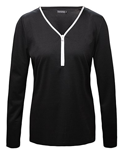 Camellias Women's Long sleeve Cotton T Shirt 1/2 Zip Front V Neck Blouse