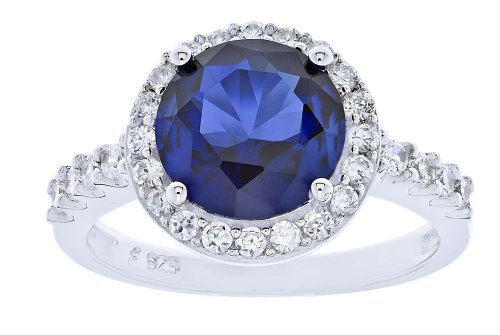 Platinum-Plated Sterling Silver Round-Cut Blue Cubic Zirconia Ring, Size 6