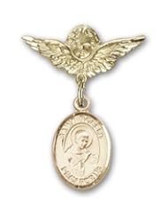 14K Gold Baby Badge with St. Robert Bellarmine Charm and Angel with Wings Badge Pin