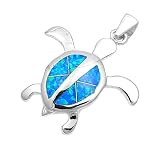 Sterling Silver Pendant in Lab Created Opal - Turtle - Pendant Height: 25mm