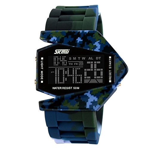 Military Cool Colorful Light Digital Sport Water-proof Stealth fighter Style Wrist Watches -B (Blue)