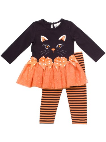 Jewel-Eye Kitty Cat Face Applique Dress/Legging Set, OR6CT, Black, Rare Editions Newborn Halloween Apparel