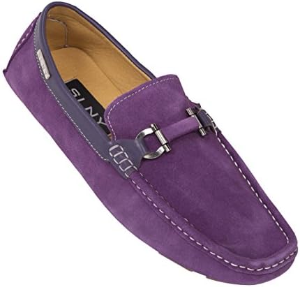 Steven Land Footwear: SLNY Collection Mens Classic Genuine Suede Driving Moccasin Loafer with Silver Ornament in Purple: Style SLNY295 Purple-049 13 D (M) US