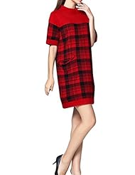 Round Neck Cotton/Wool/Knit Plaid Print Short Sleeves Vintage  Dress