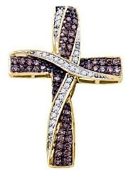 0.58 cttw 14k Yellow Gold Cognac Diamond Christian Cross Pendant Chocolate Brown Diamonds, Colors Of Diamonds Are Light To Medium Brown (Real Diamonds: 0.58 cttw)