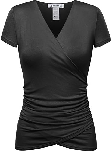 THENEWNEW Womens Short Sleeve Surplice Ruched Top BLACK SMALL
