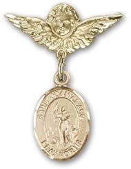 14K Gold Baby Badge with St. Joan of Arc Charm and Angel with Wings Badge Pin
