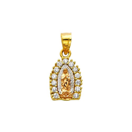 14K 3 Tri-color Gold Religious Mary Guadlupe CZ Cubic Zirconia Charm Pendant