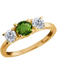 1.04 Ct Round Green Chrome Diopside G/H Diamond 18K Yellow Gold Ring