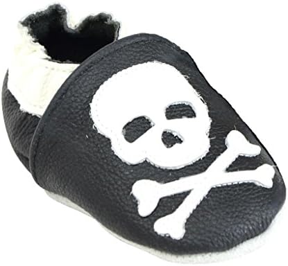 Kids Child Unisex Baby Boy Girl Pre-Walker Leather Moccasin Slip-on Shoes, Black Skull 12-18M