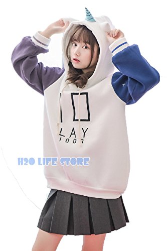 H2O LIFE 森ガール レディース パーカー トレーナー 長袖 秋物 ユニコーン 角 耳付き ツートン 天使の羽 プリント スエット 可愛い