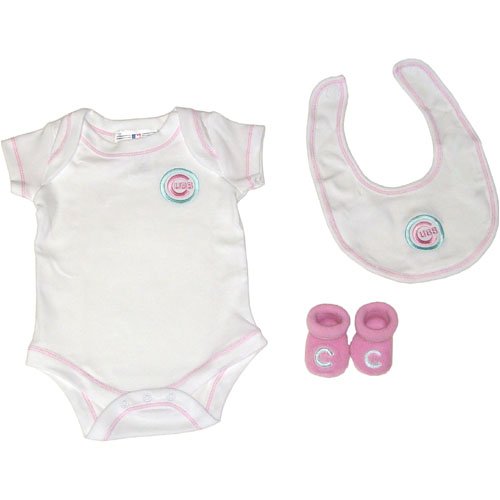 MLB Baseball Newborn 3 Piece Bodysuit, Bib, & Booties Set - Chicago Cubs - PINK